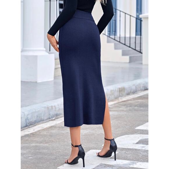 High Waist Midi Skirt Ribbed Knit Slit Hem Casual Bodycon Pencil Skirt - Picture 3 of 5